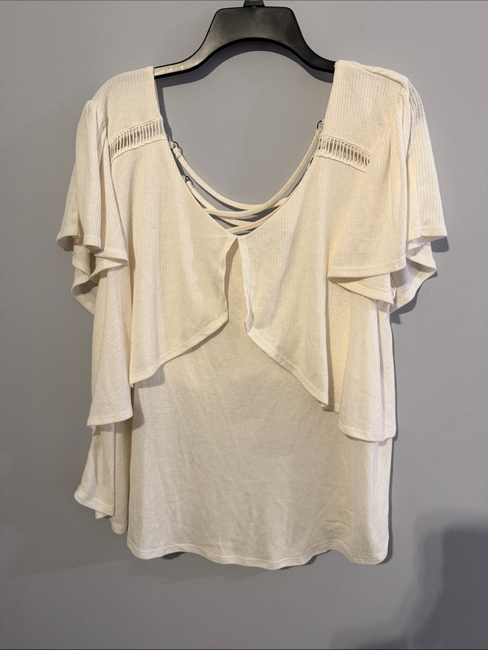 Massini Cream Ruffle Sleeve Top with Crisscross Back